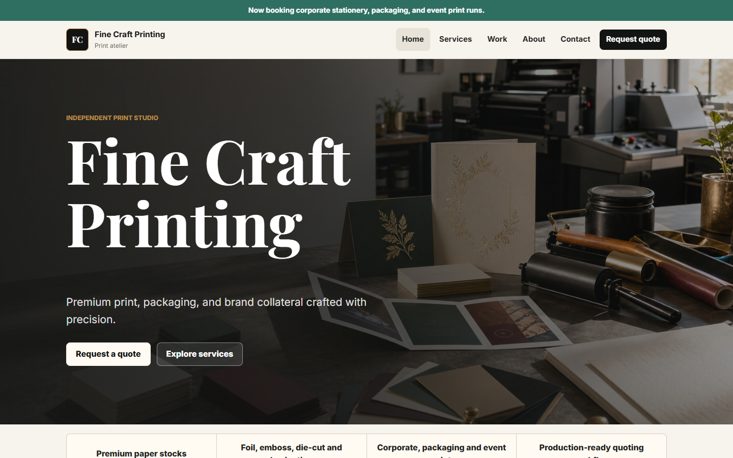 Fine Craft Printing website homepage created by TechCorpSA
